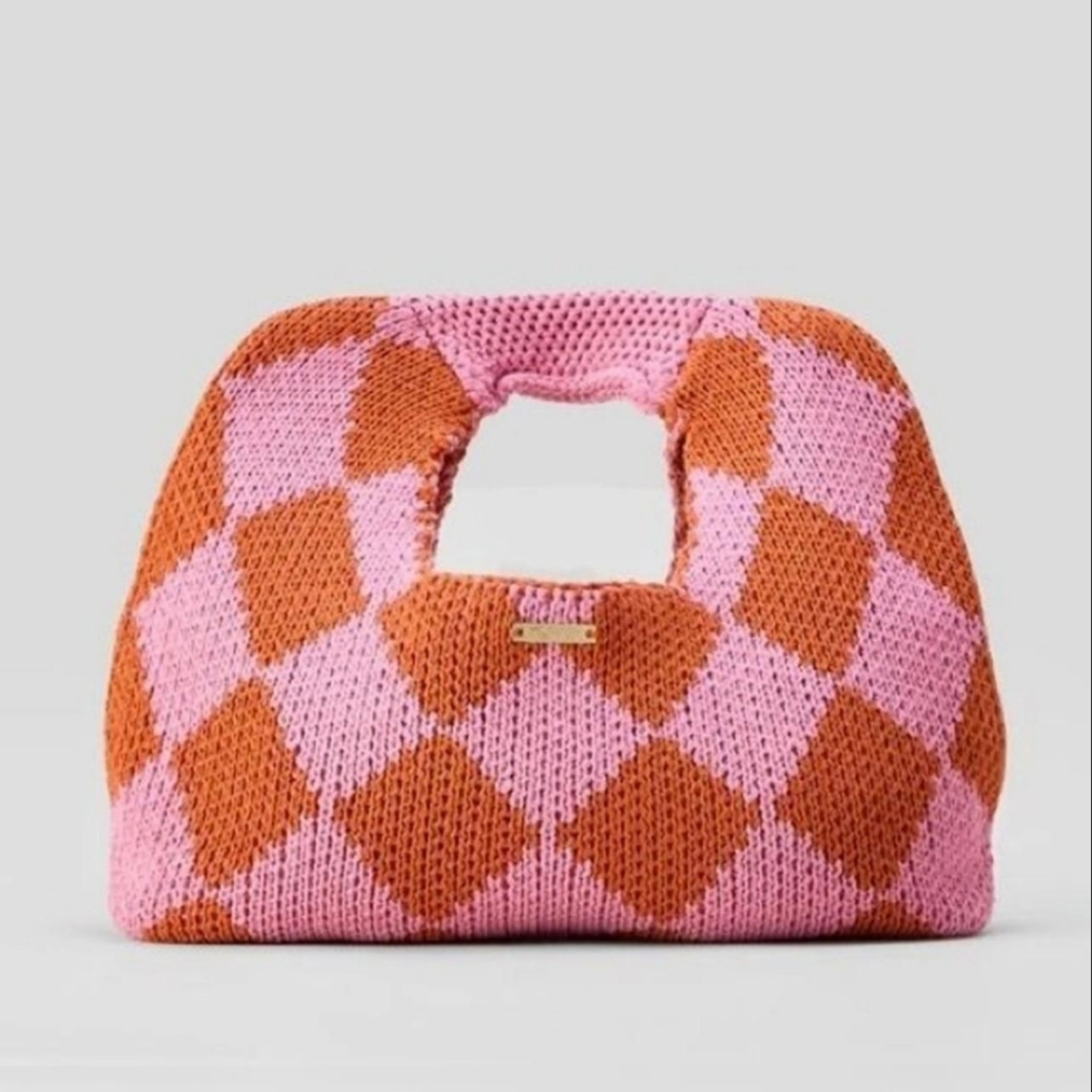 Kopari retro orange and pink diamond knitted boho bag.